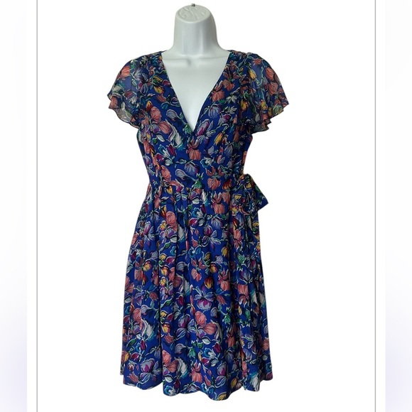 Moulinette Seours Silk Blue Floral Wrap Dress Anthropologie Excellent Size 0 - Picture 1 of 10